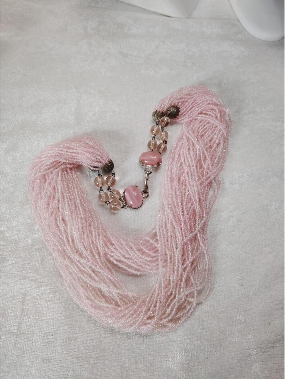 Vintage Pink Czech Glass Seed Bead Cabochons Necklace 18"
